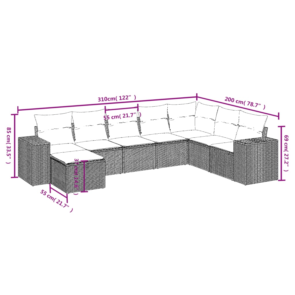 Havesofasæt 8 Dele Med Hynder Polyrattan Beige - Billede 4