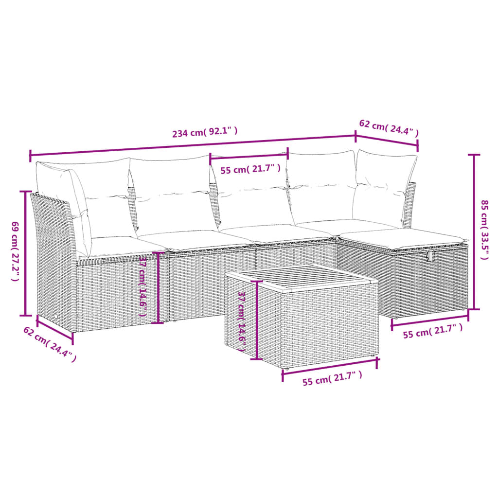 Havesofasæt 6 Dele Med Hynder Polyrattan Beige - Billede 4