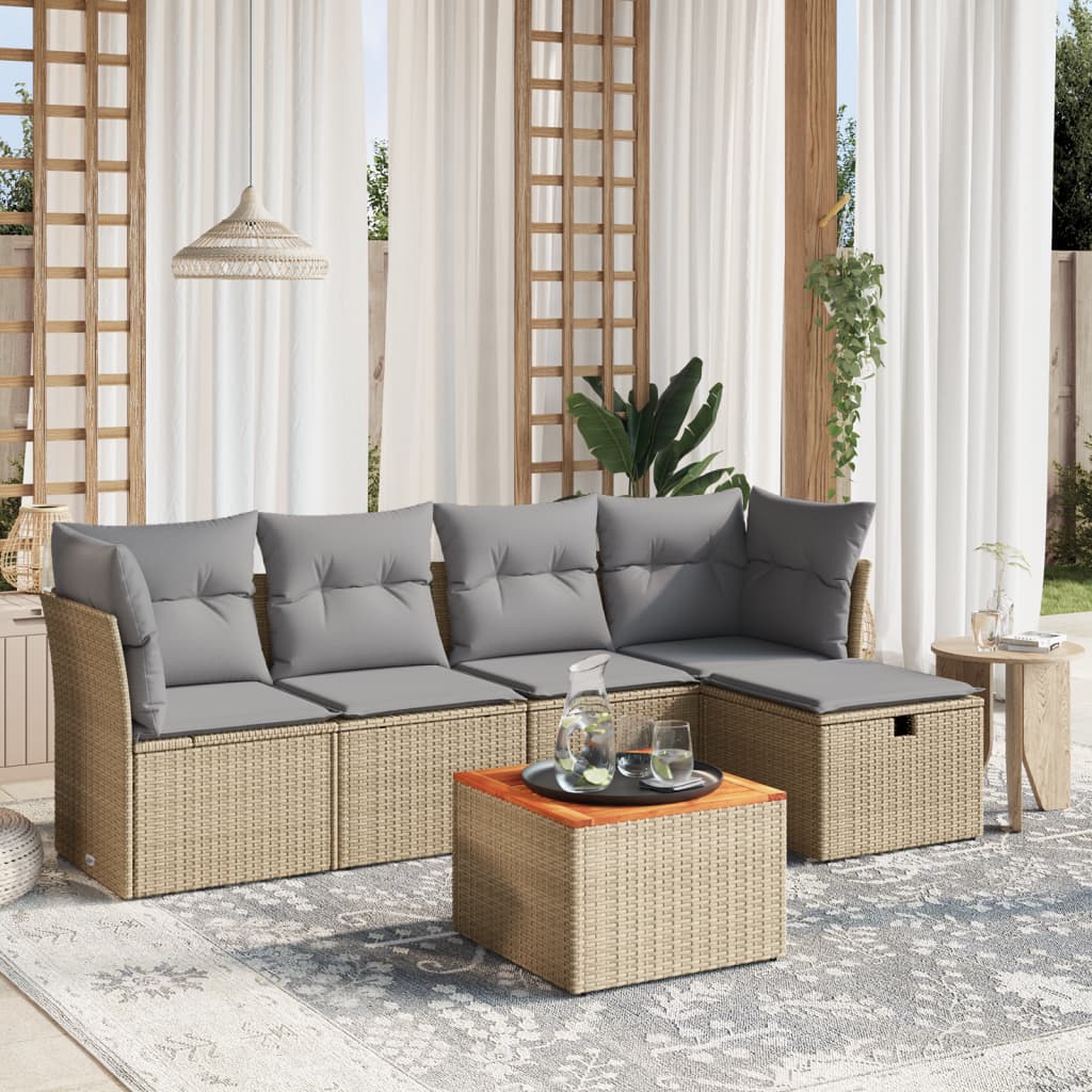 Havesofasæt 6 Dele Med Hynder Polyrattan Beige - Hovedbillede