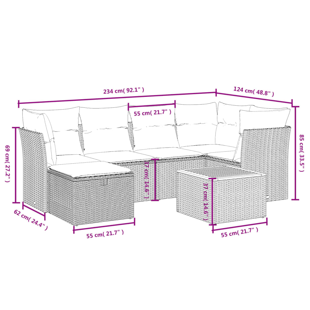 Havesofasæt 7 Dele Med Hynder Polyrattan Beige - Billede 4