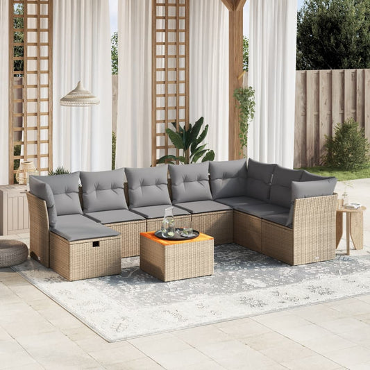 Spisebordssæt Til Haven 9 Dele Med Hynder Polyrattan Beige - Hovedbillede