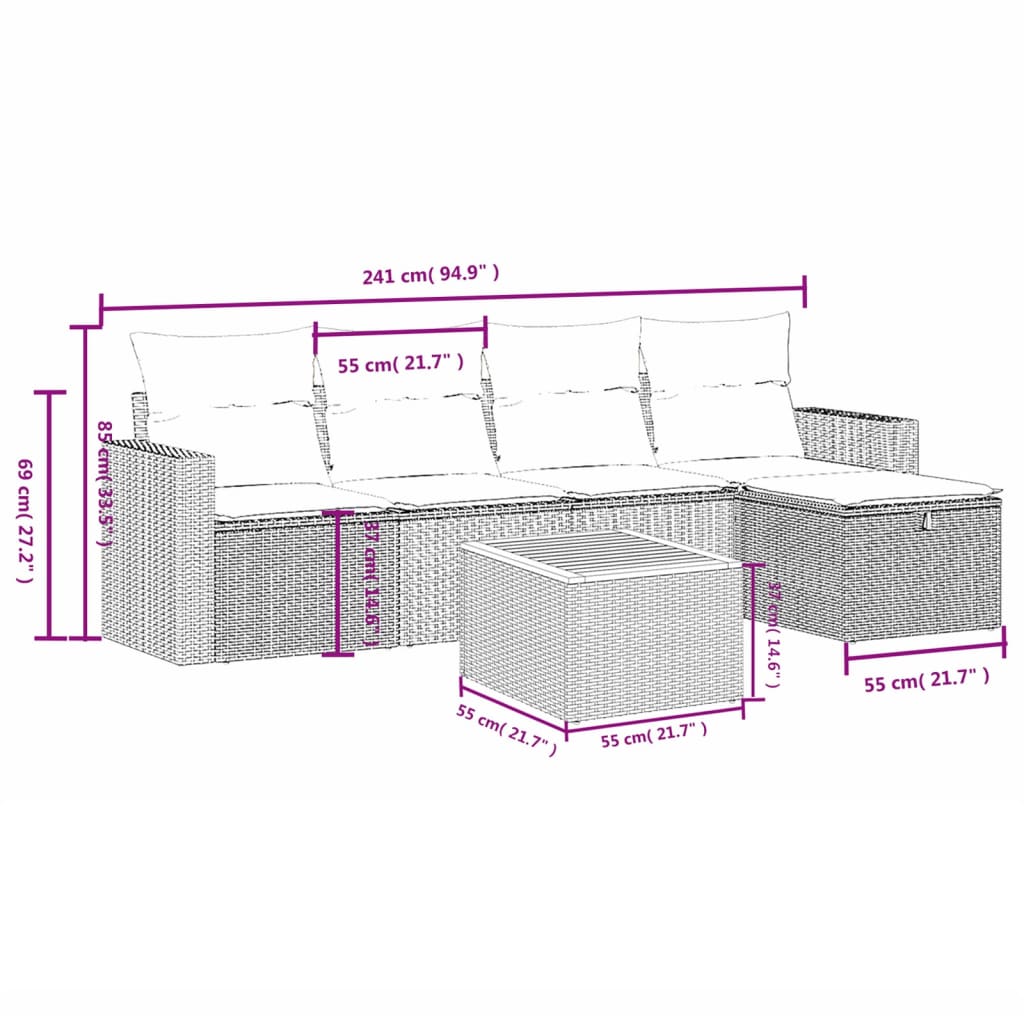 Havesofasæt 6 Dele Med Hynder Polyrattan Beige - Billede 4