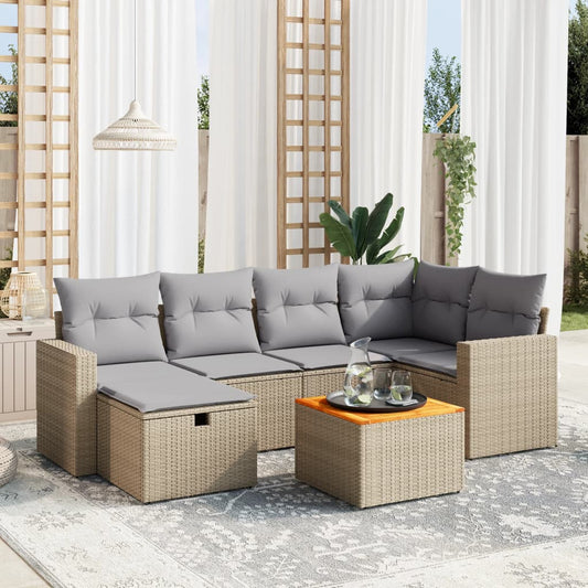Havesofasæt 7 Dele Med Hynder Polyrattan Beige - Hovedbillede
