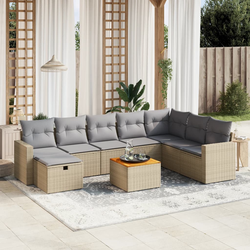 Spisebordssæt Til Haven 9 Dele Med Hynder Polyrattan Beige - Hovedbillede