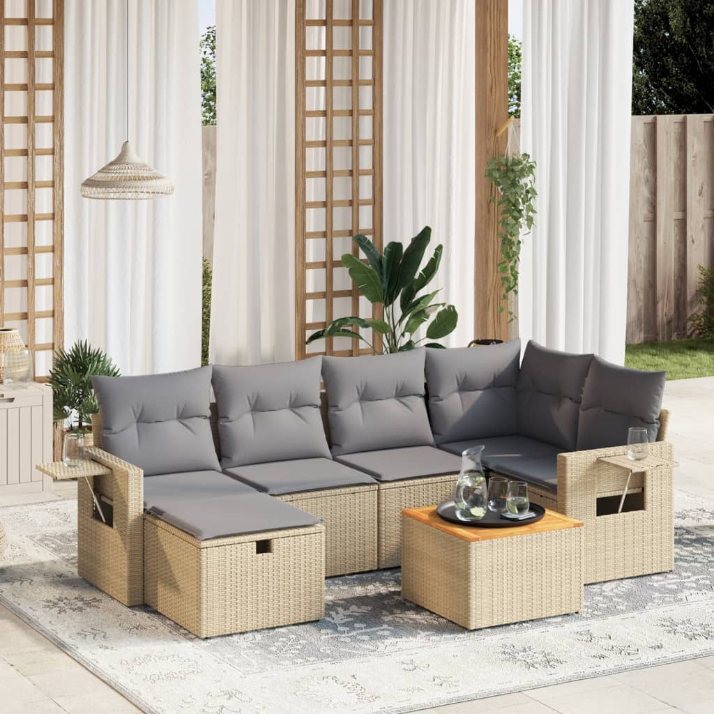 Havesofasæt 7 Dele Med Hynder Polyrattan Beige - Hovedbillede