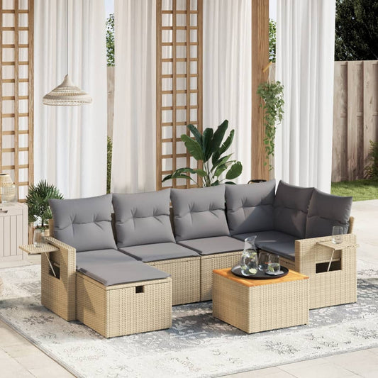 Havesofasæt 7 Dele Med Hynder Polyrattan Beige - Hovedbillede