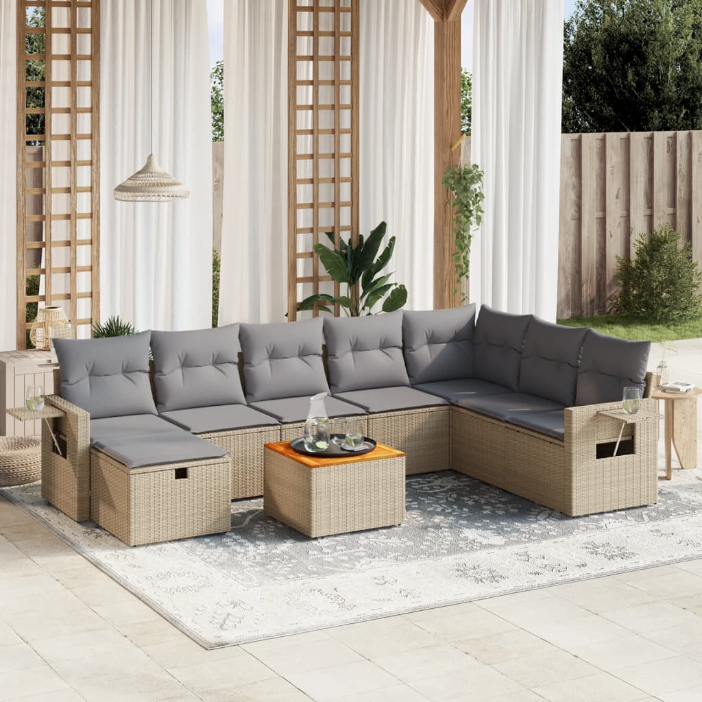 Spisebordssæt Til Haven 9 Dele Med Hynder Polyrattan Beige - Hovedbillede
