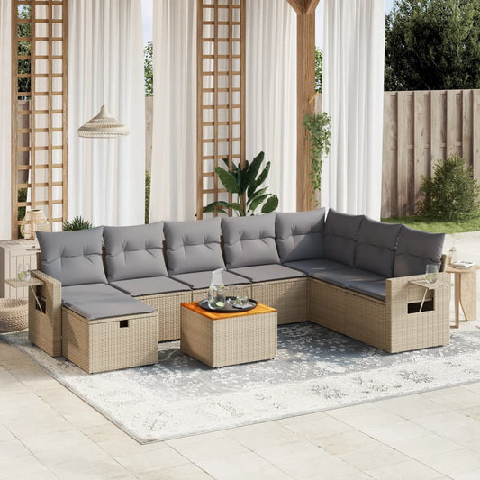 Spisebordssæt Til Haven 9 Dele Med Hynder Polyrattan Beige