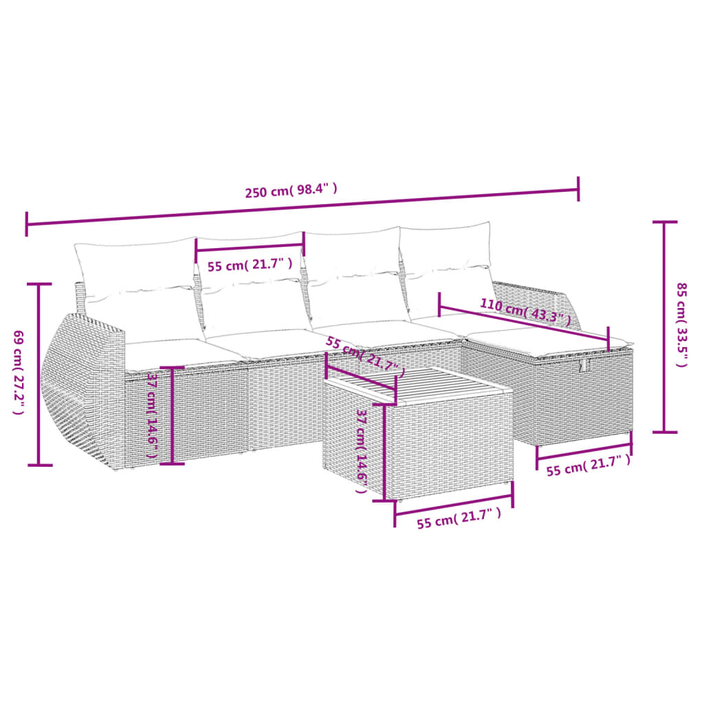 Havesofasæt 6 Dele Med Hynder Polyrattan Beige - Billede 4