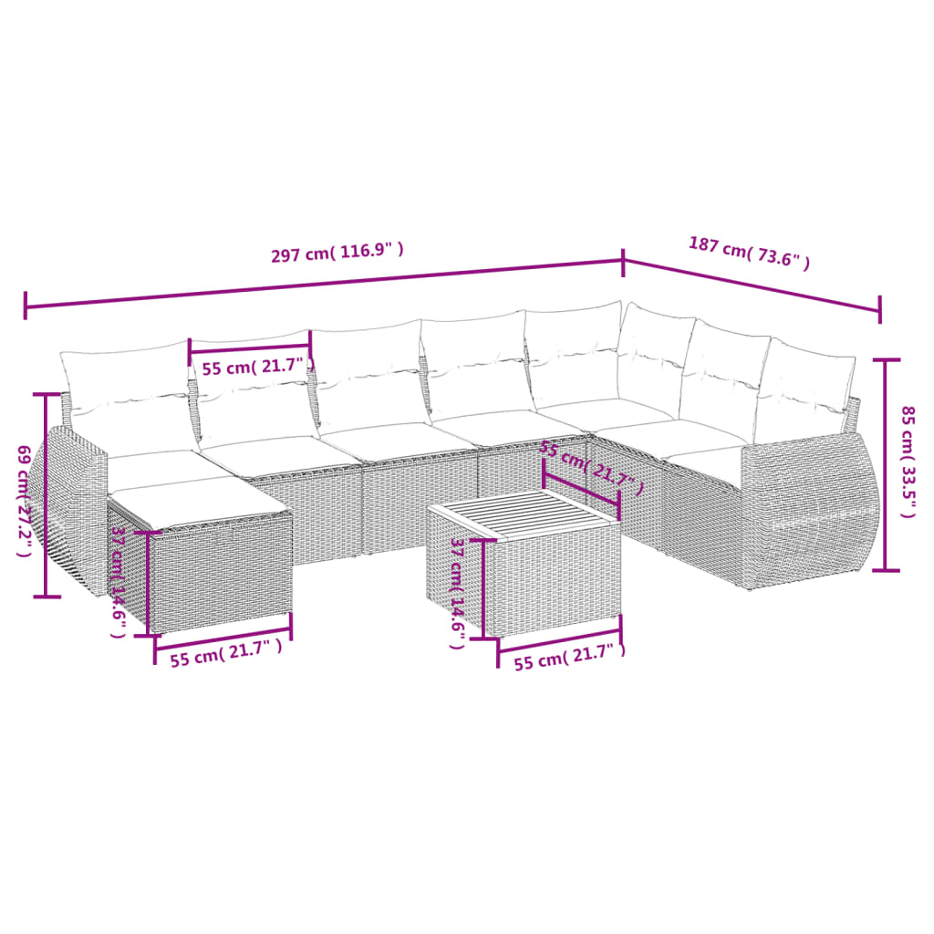 Spisebordssæt Til Haven 9 Dele Med Hynder Polyrattan Beige - Billede 4