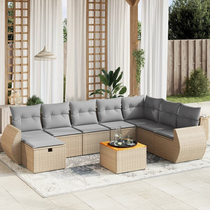Spisebordssæt Til Haven 9 Dele Med Hynder Polyrattan Beige - Hovedbillede