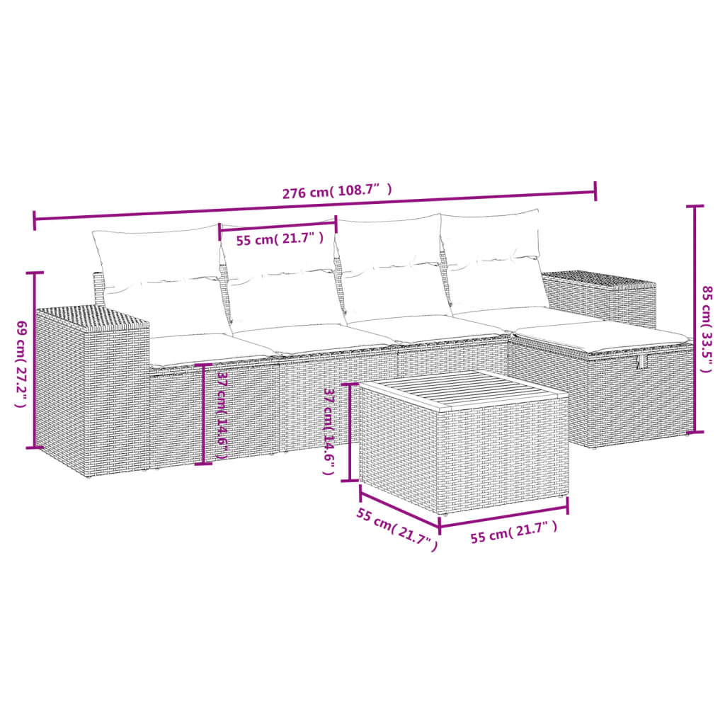 Havesofasæt 6 Dele Med Hynder Polyrattan Beige - Billede 4