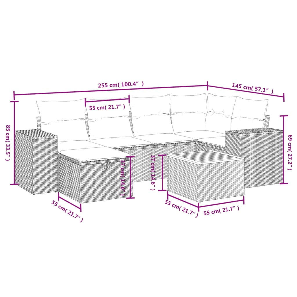 Havesofasæt 7 Dele Med Hynder Polyrattan Beige - Billede 4