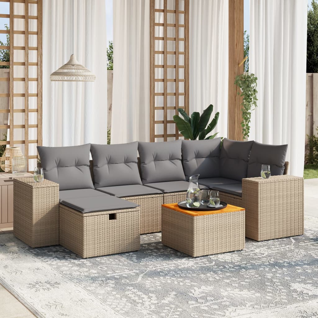 Havesofasæt 7 Dele Med Hynder Polyrattan Beige - Hovedbillede