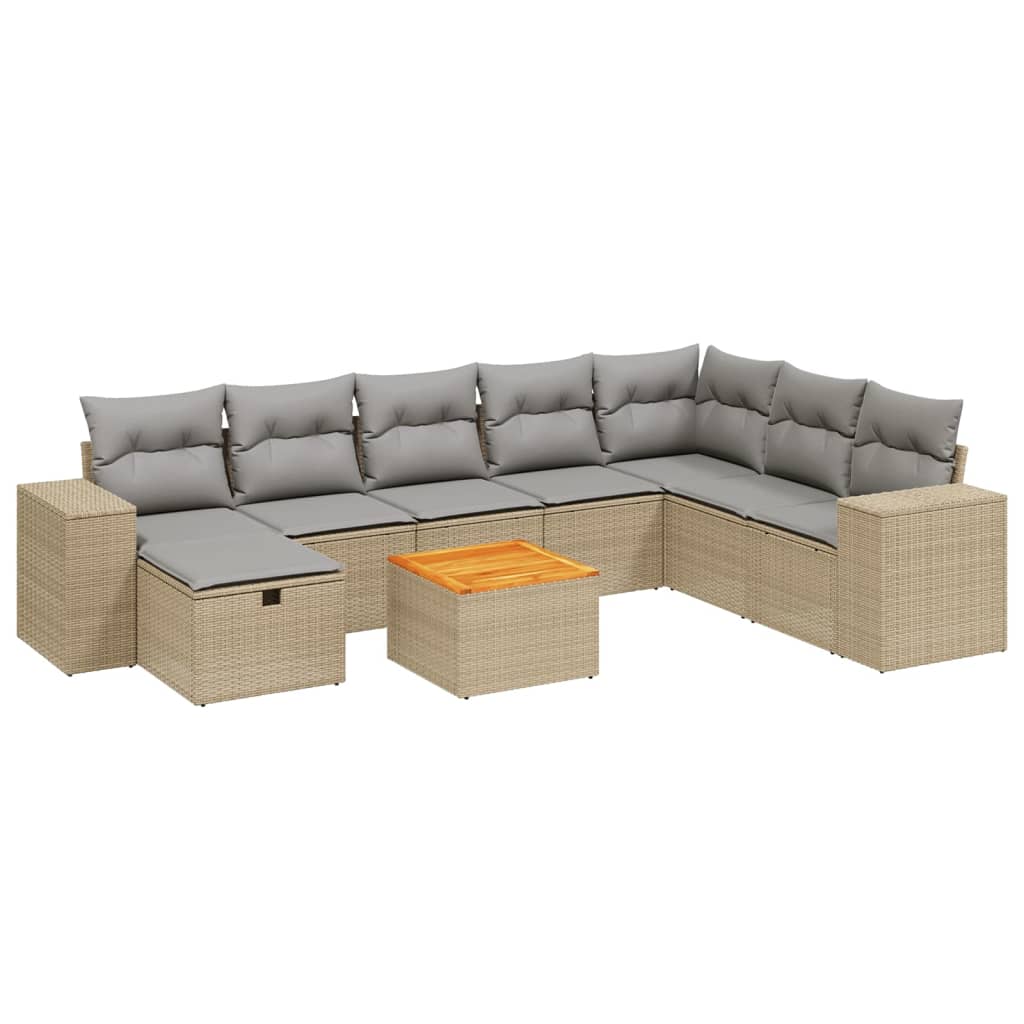 Spisebordssæt Til Haven 9 Dele Med Hynder Polyrattan Beige - Billede 2