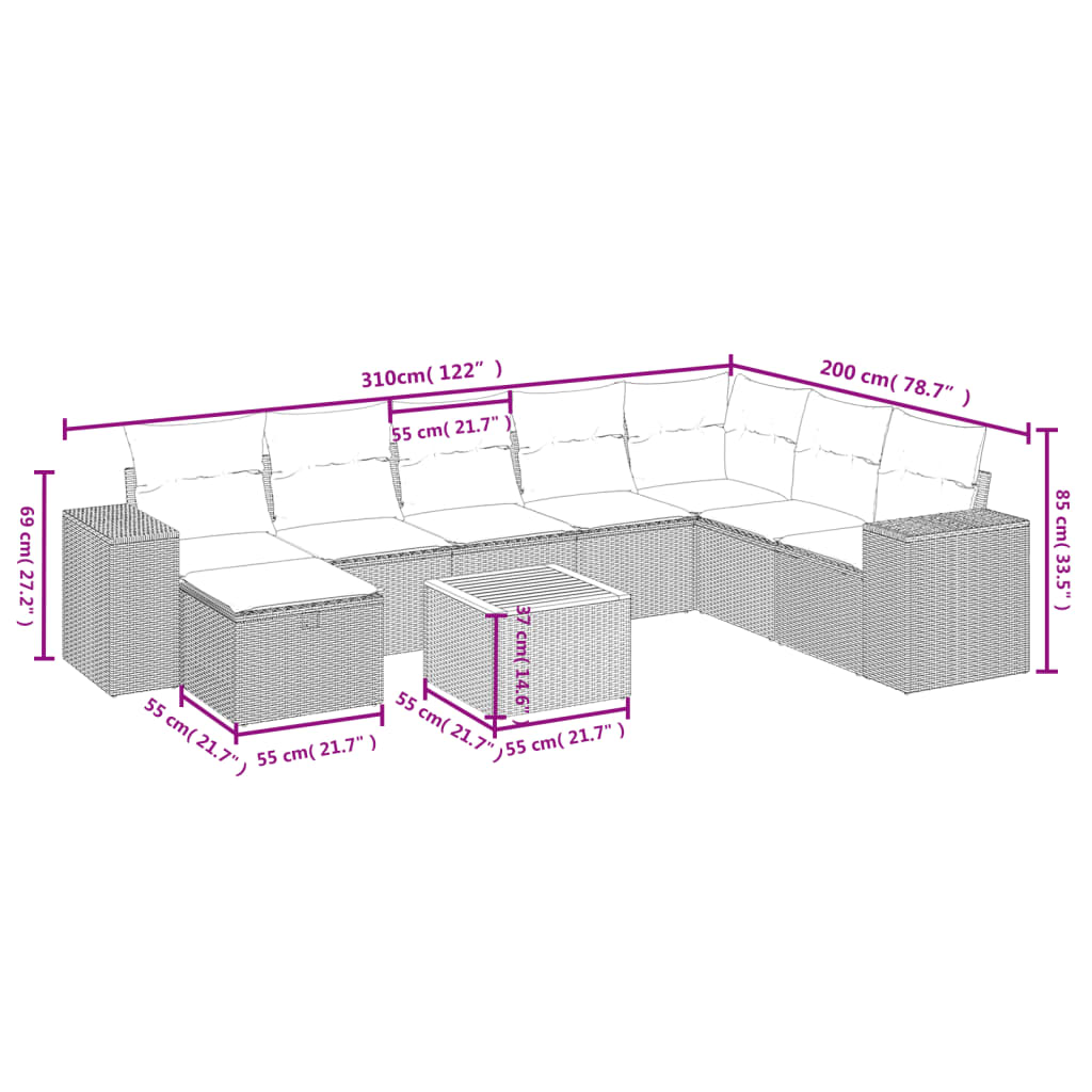 Spisebordssæt Til Haven 9 Dele Med Hynder Polyrattan Beige - Billede 4