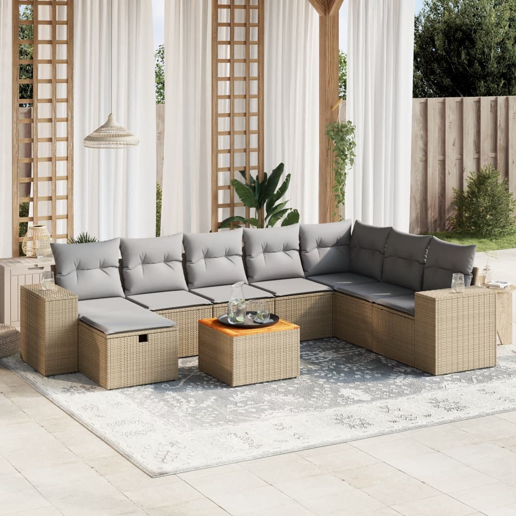 Spisebordssæt Til Haven 9 Dele Med Hynder Polyrattan Beige - Hovedbillede