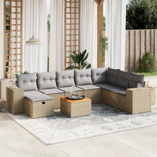 Spisebordssæt Til Haven 9 Dele Med Hynder Polyrattan Beige - Hovedbillede