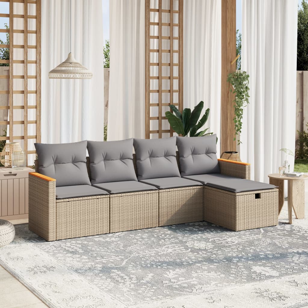 Havesofasæt 5 Dele Med Hynder Polyrattan Beige - Hovedbillede