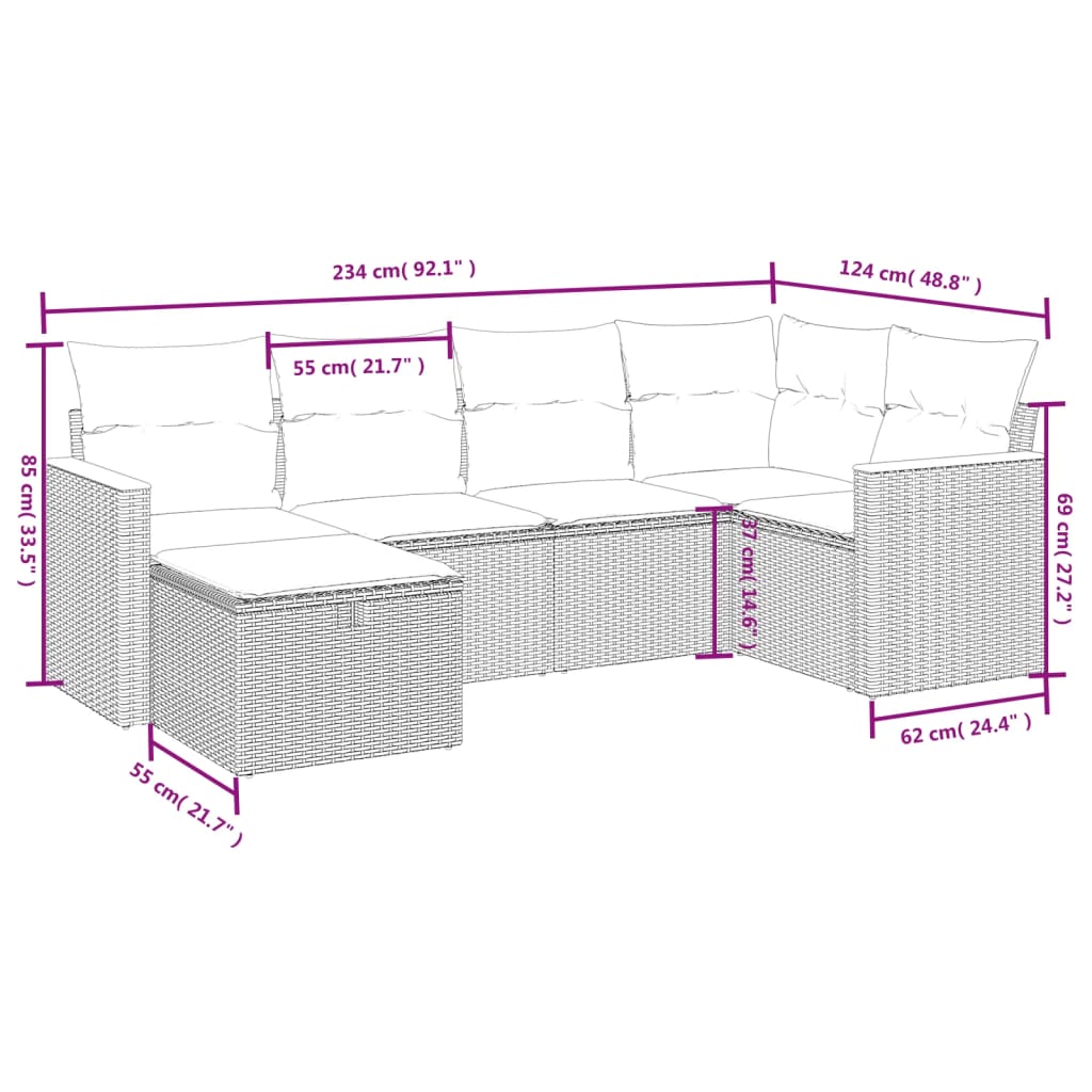 Havesofasæt 6 Dele Med Hynder Polyrattan Beige - Billede 4