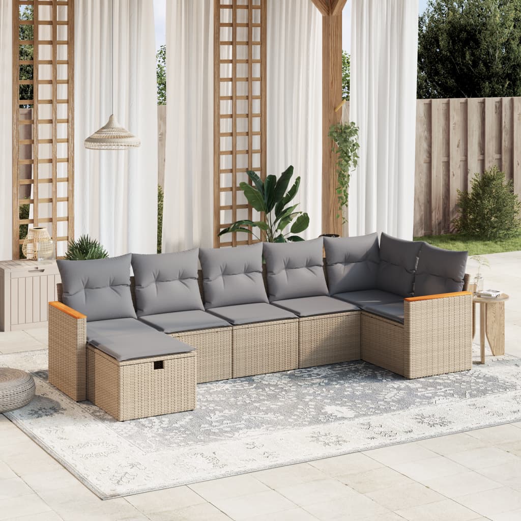Havesofasæt 7 Dele Med Hynder Polyrattan Beige - Hovedbillede