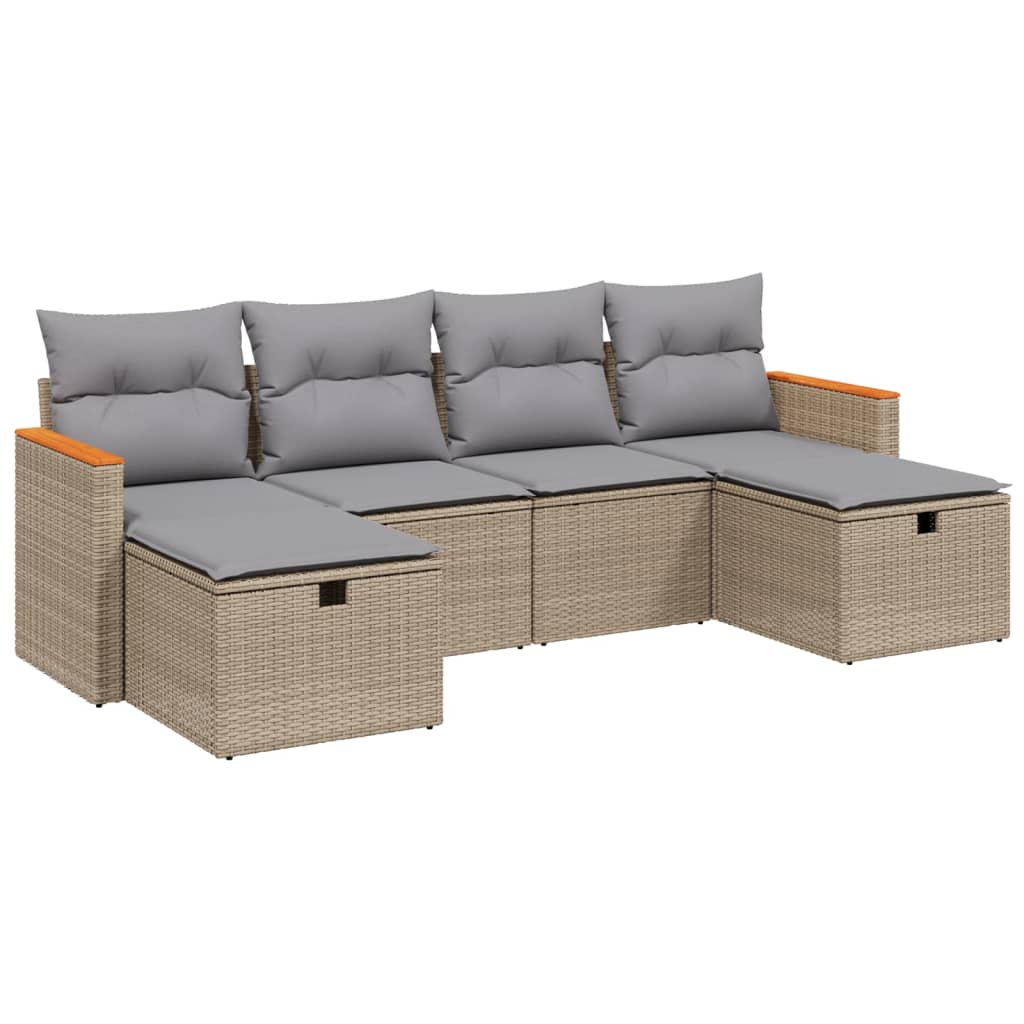 Havesofasæt 6 Dele Med Hynder Polyrattan Beige - Billede 2