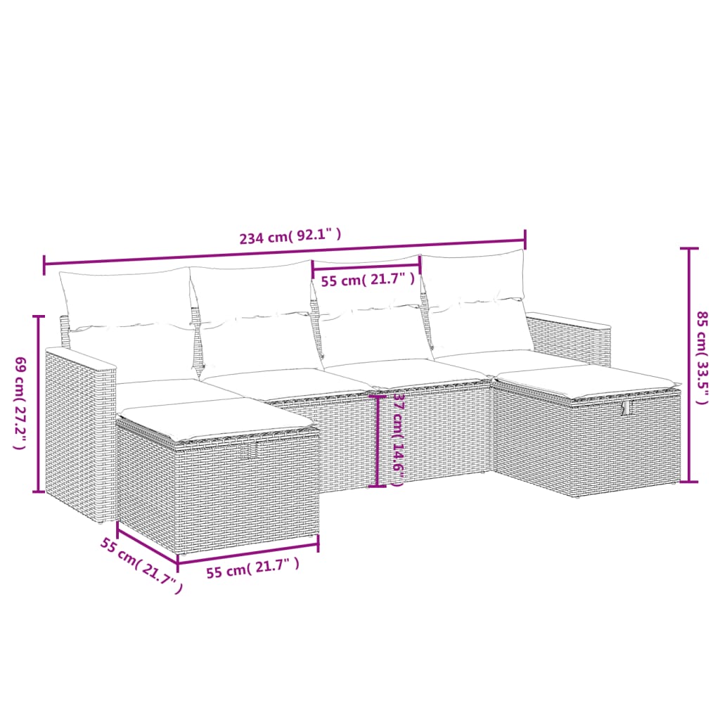 Havesofasæt 6 Dele Med Hynder Polyrattan Beige - Billede 4
