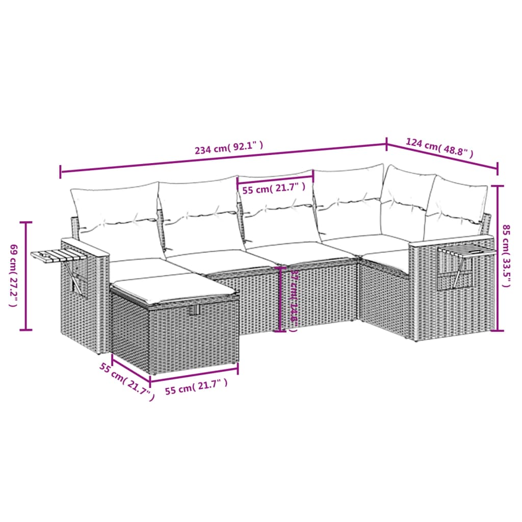 Havesofasæt 6 Dele Med Hynder Polyrattan Beige - Billede 4
