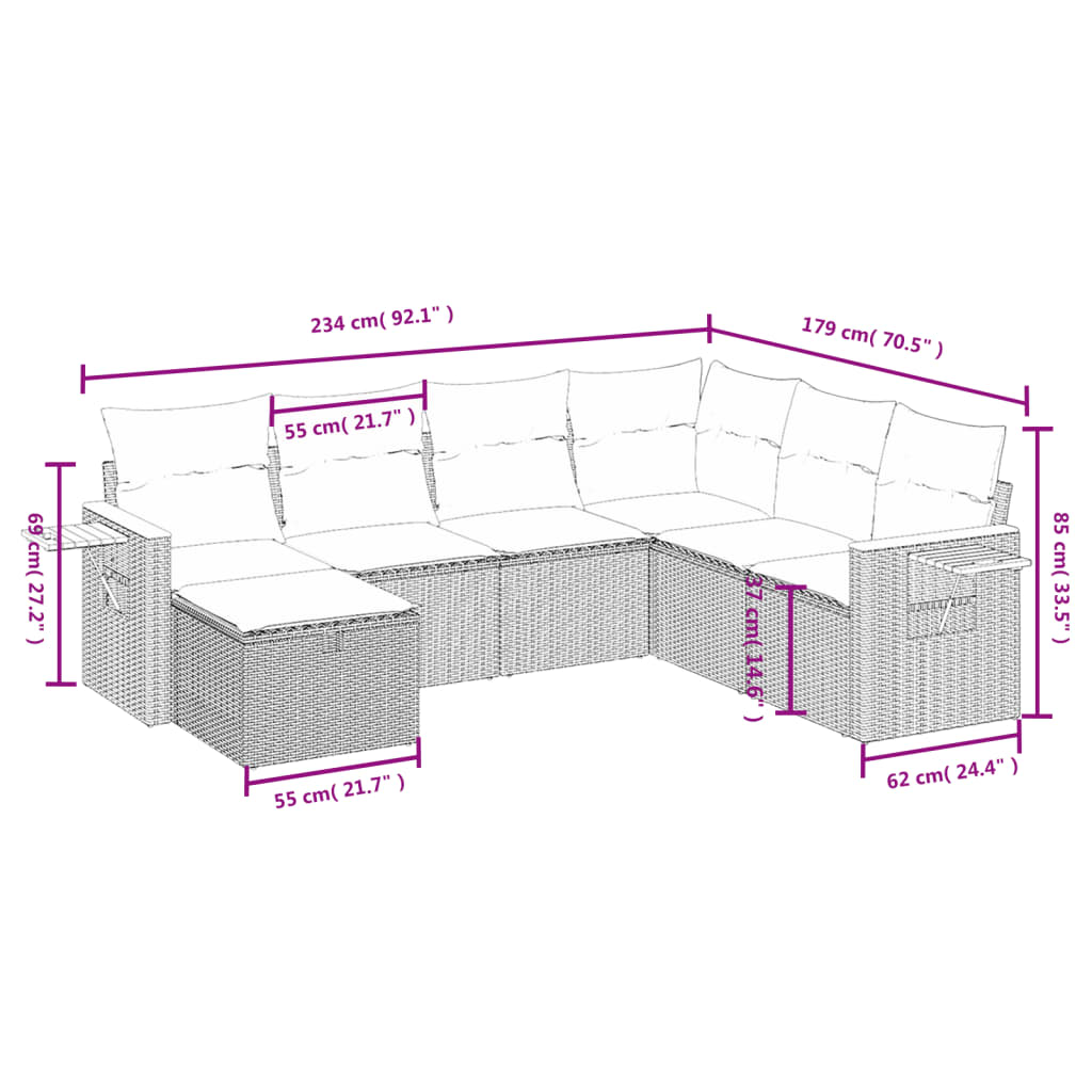 Havesofasæt 7 Dele Med Hynder Polyrattan Beige - Billede 4