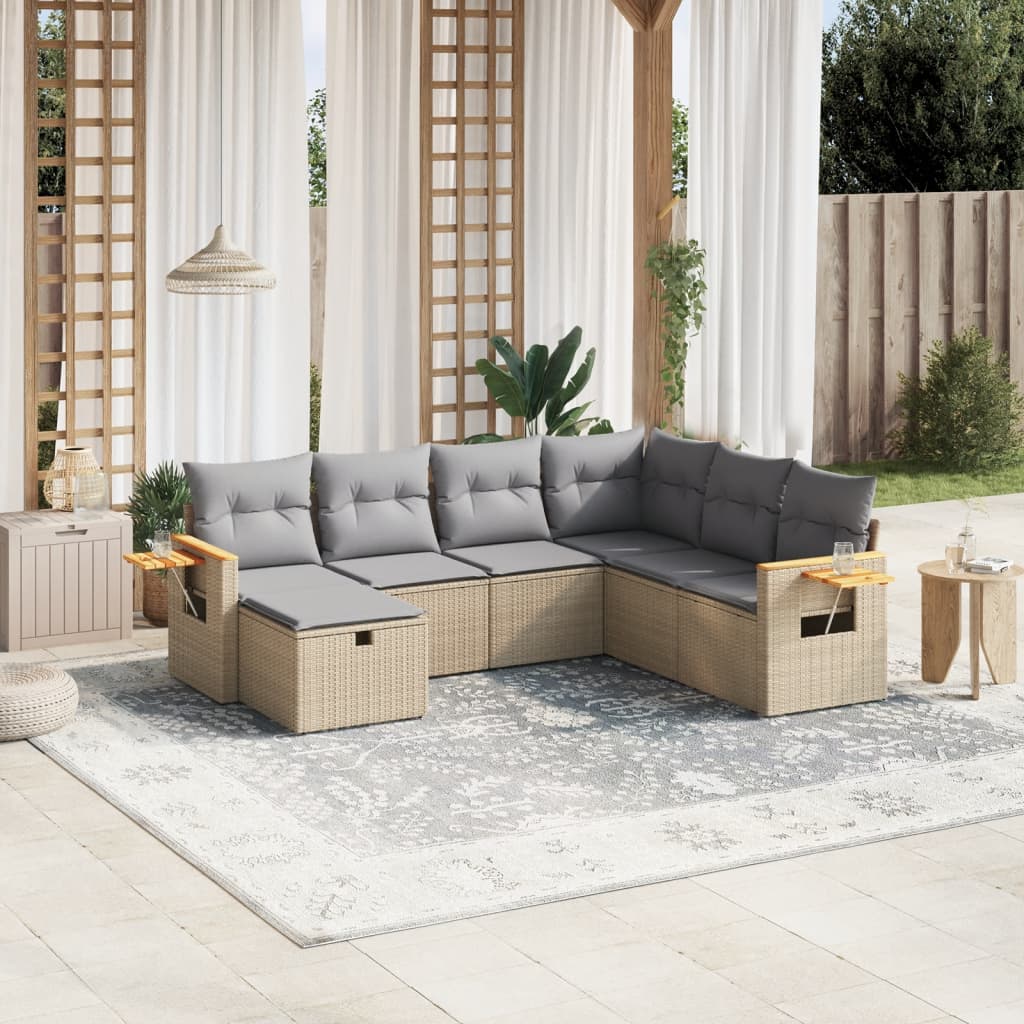 Havesofasæt 7 Dele Med Hynder Polyrattan Beige - Hovedbillede