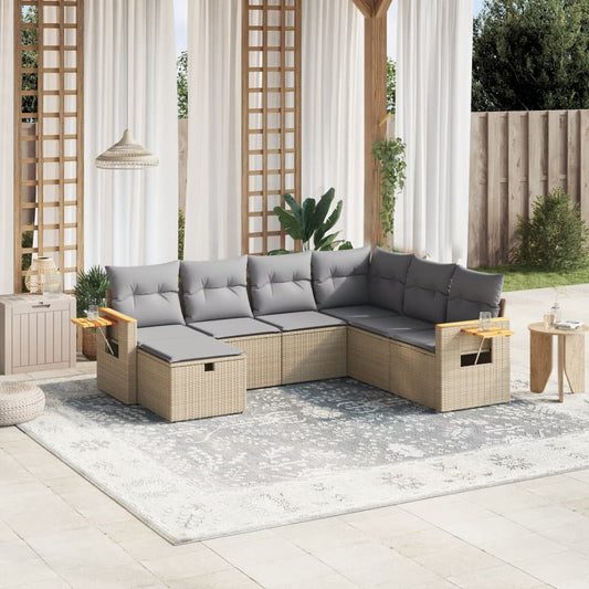 Havesofasæt 7 Dele Med Hynder Polyrattan Beige - Hovedbillede