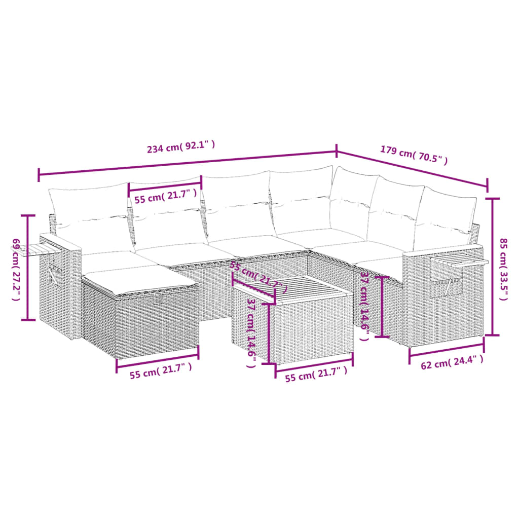Havesofasæt 8 Dele Med Hynder Polyrattan Beige - Billede 4