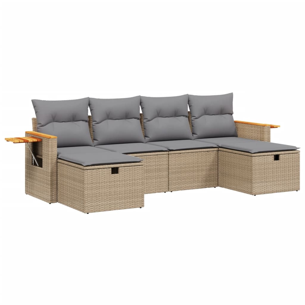 Havesofasæt 6 Dele Med Hynder Polyrattan Beige - Billede 2