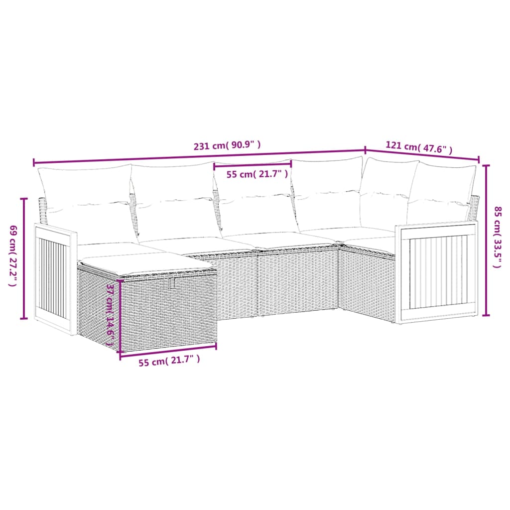 Havesofasæt 6 Dele Med Hynder Polyrattan Beige - Billede 4