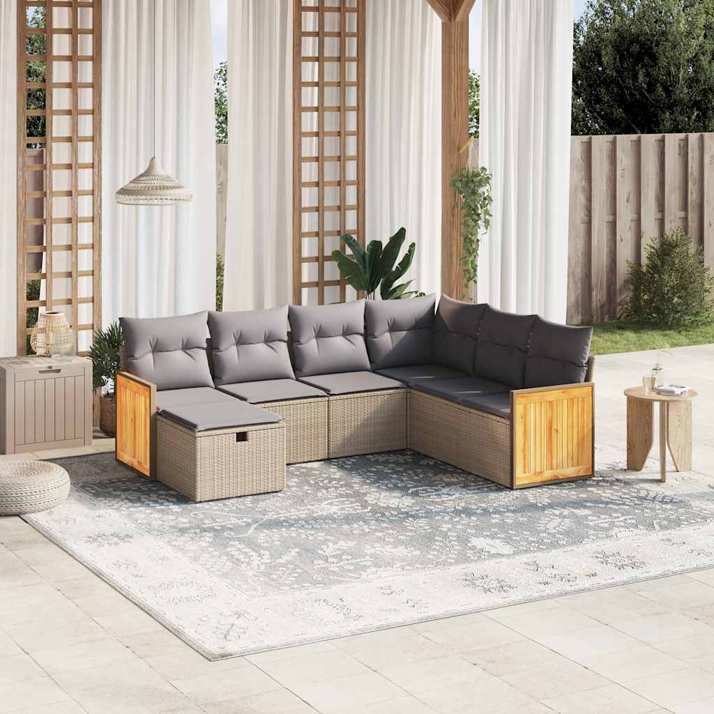 Havesofasæt 7 Dele Med Hynder Polyrattan Beige - Hovedbillede