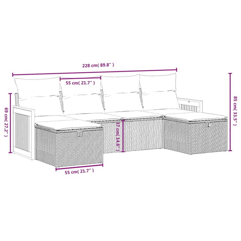 Havesofasæt 6 Dele Med Hynder Polyrattan Beige - Billede 4