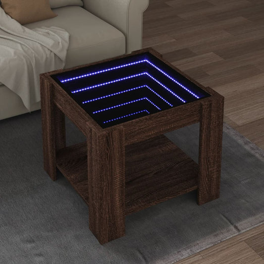 Sofabord Med Led-Lys 53X53X45 Cm Konstrueret Træ Brunt Eg