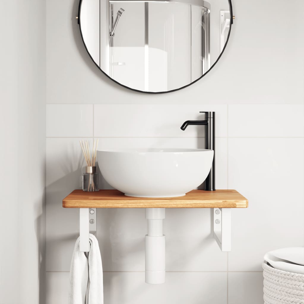 Badeværelseshylde Stål Og Massivt Egetræ Lysebrun Og Hvid