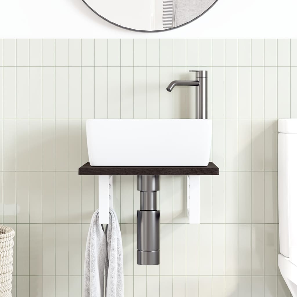 Badeværelseshylde Stål Og Massivt Egetræ Mørkebrun Og Hvid