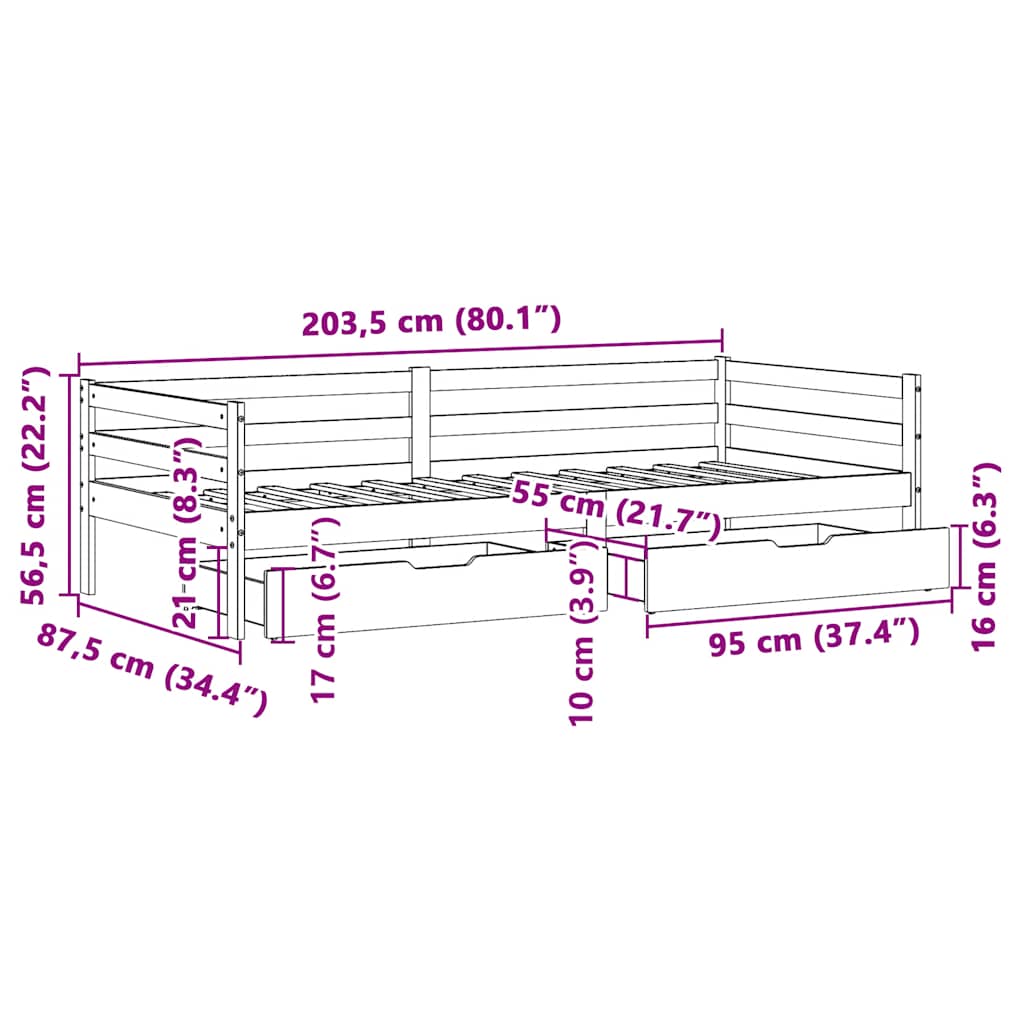 Daybed Med Skuffer 80X200 Cm Massivt Fyrretræ