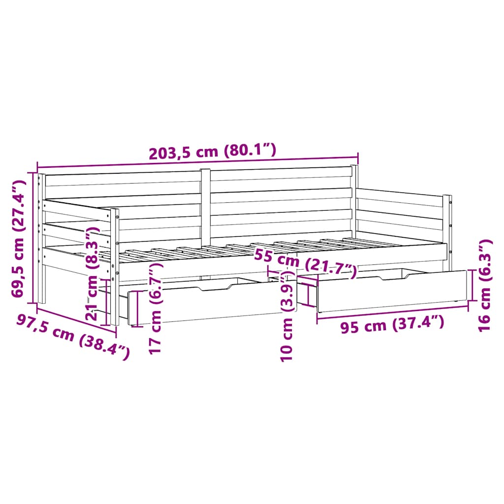 Daybed Med Skuffer 90x200 Cm Massivt Fyrretræ - Billede 12