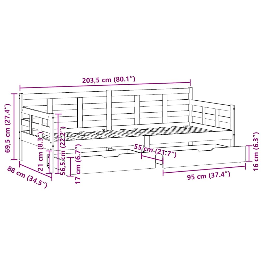 Daybed Med Skuffer Massivt Fyrretræ