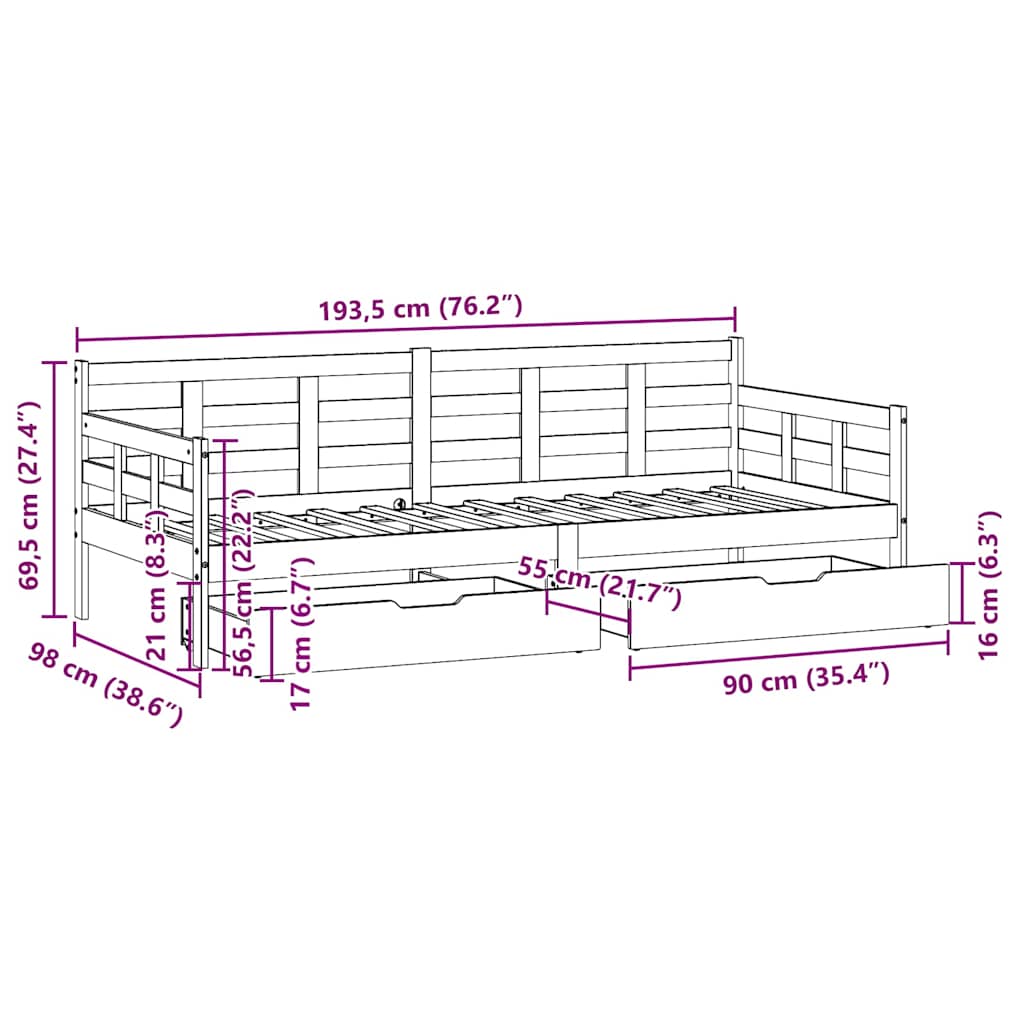 Daybed Med Skuffer Massivt Fyrretræ
