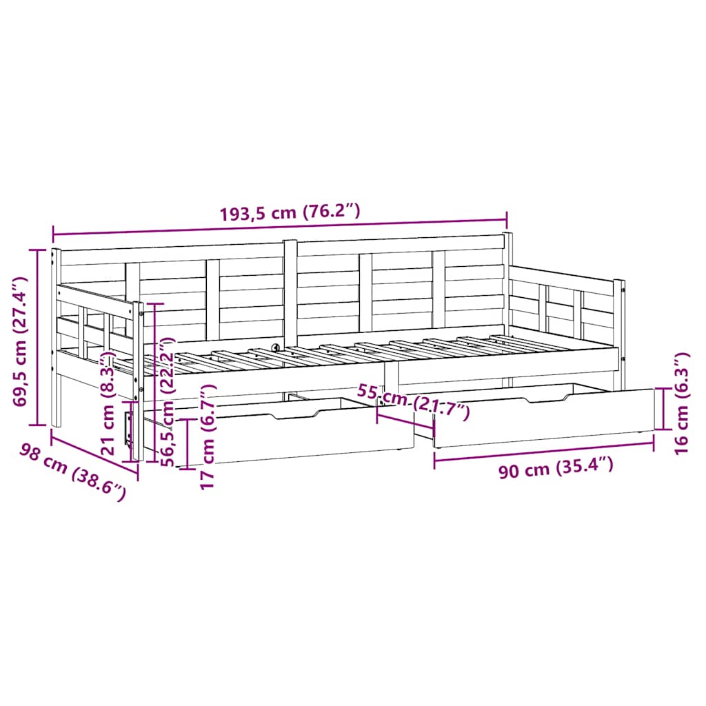 Daybed Med Skuffer Massivt Fyrretræ
