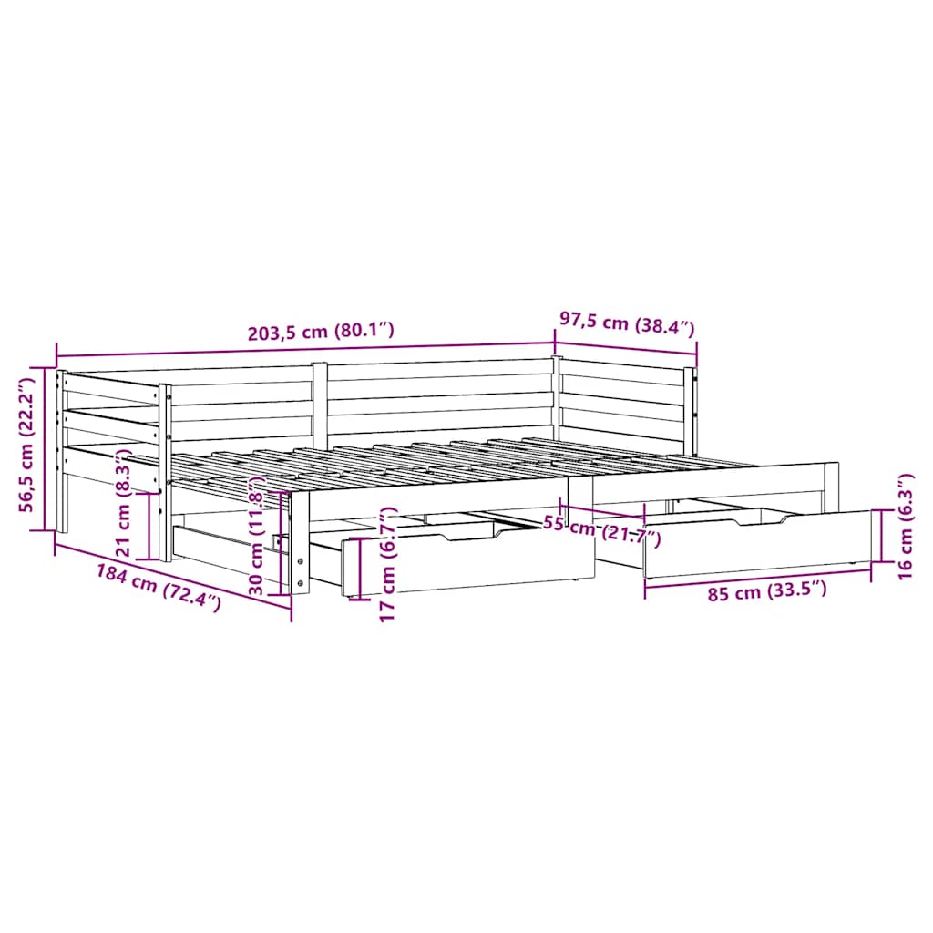 Daybed med Skuffer 90x200 Cm Massivt Fyrretræ Hvid - billede 12