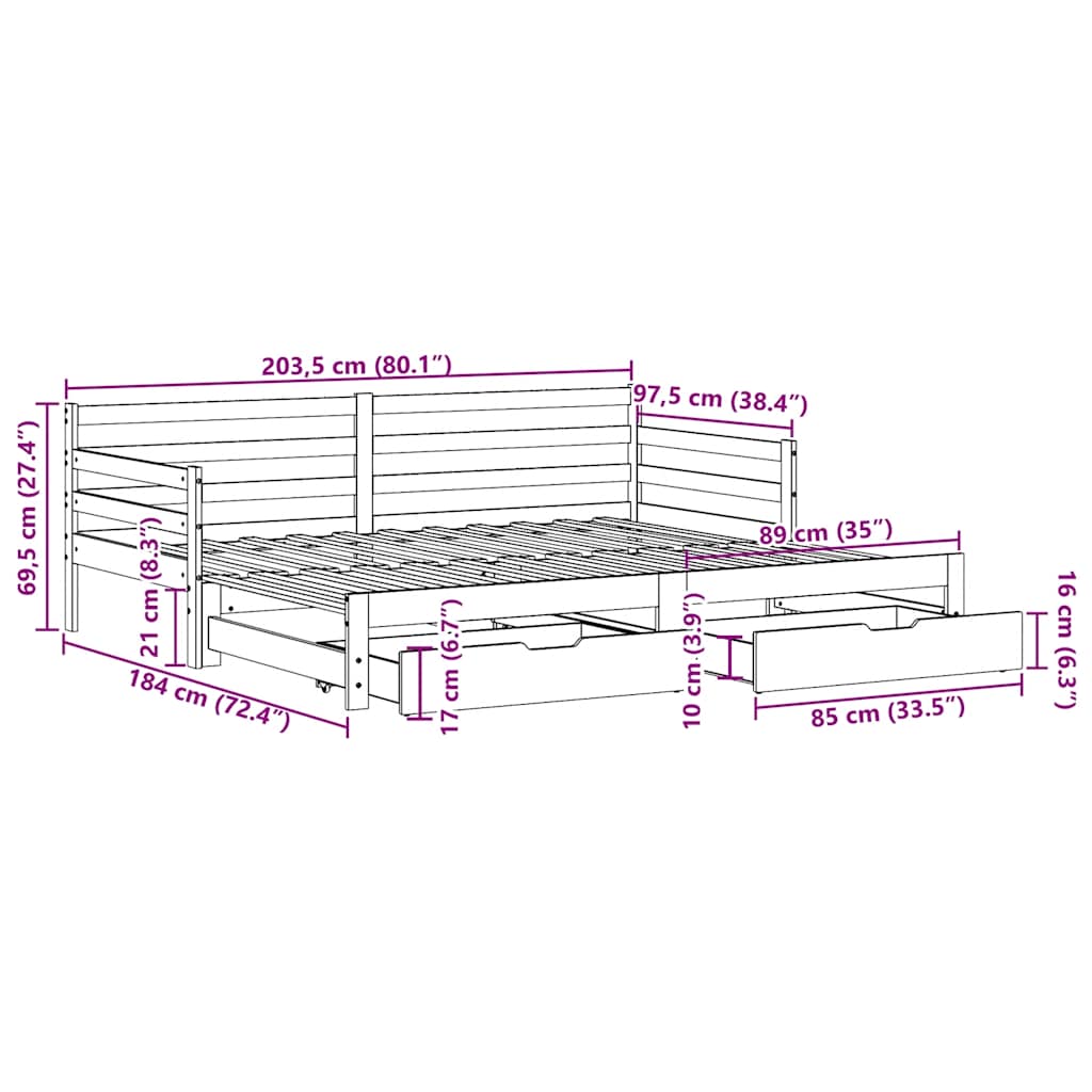 Daybed Med Udtræk Og Skuffer Uden Madras