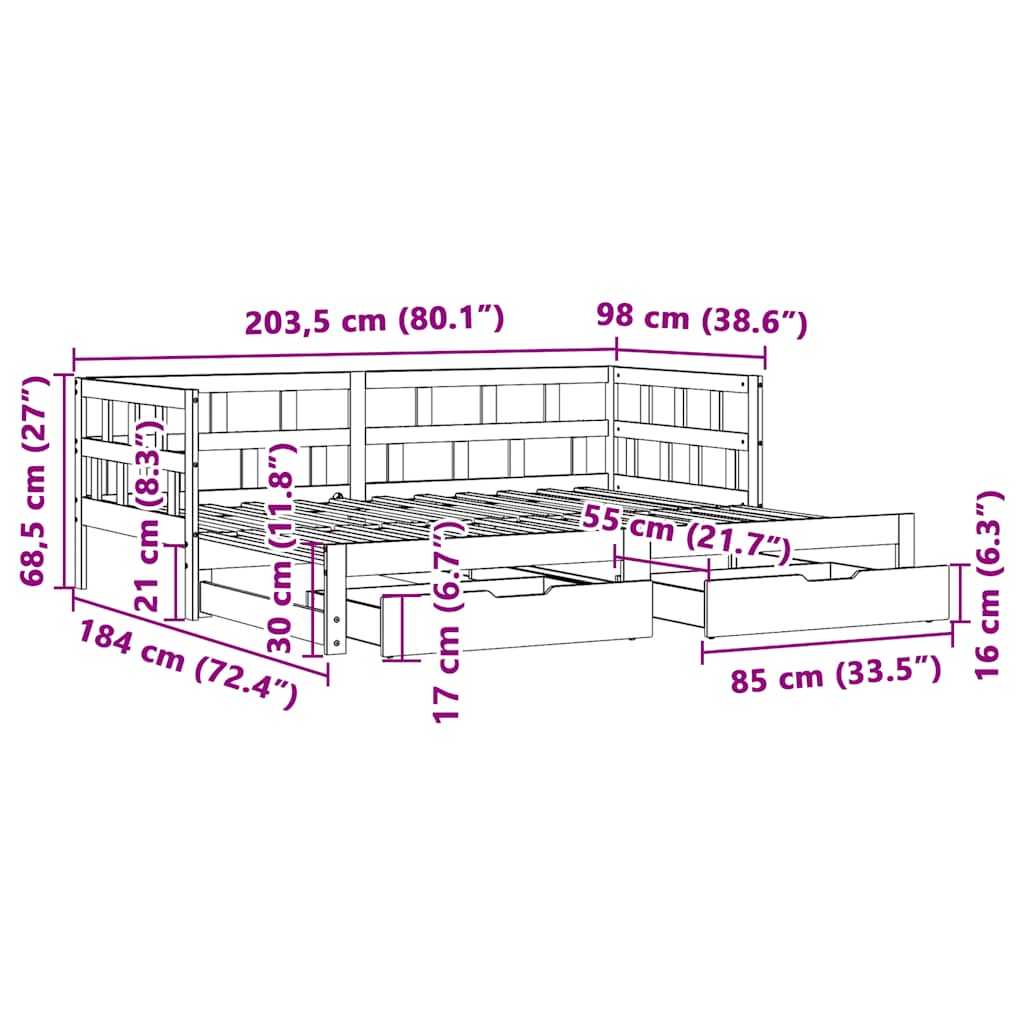 Daybed Med Udtræk Og Skuffer Uden Madras 90X200 Cm Hvid
