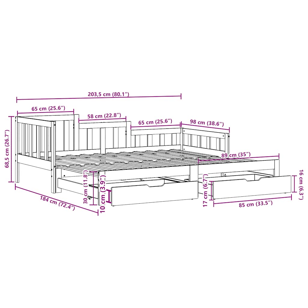 Daybed Med Udtræk Og Skuffer Uden Madras