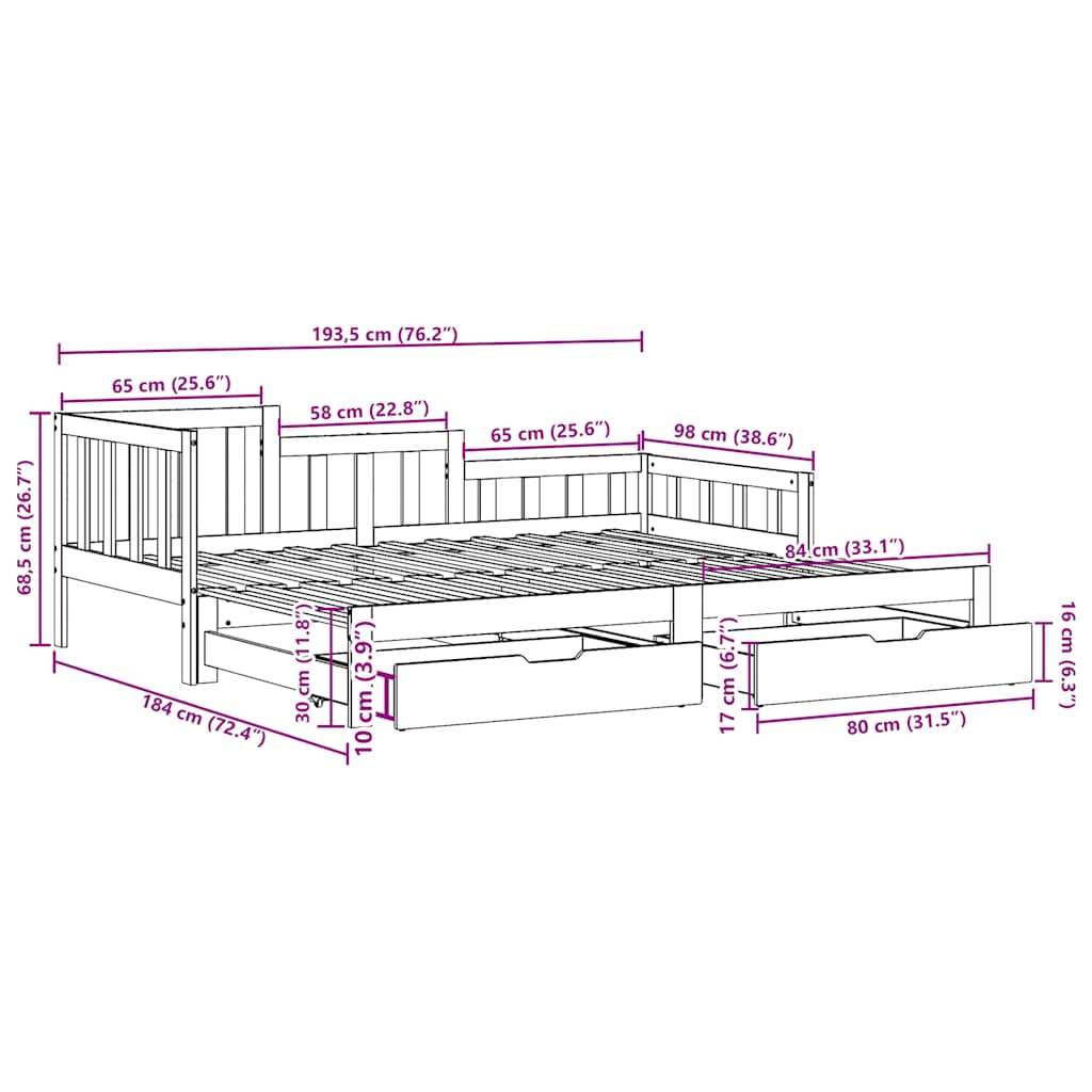 Daybed Med Udtræk Og Skuffer Uden Madras