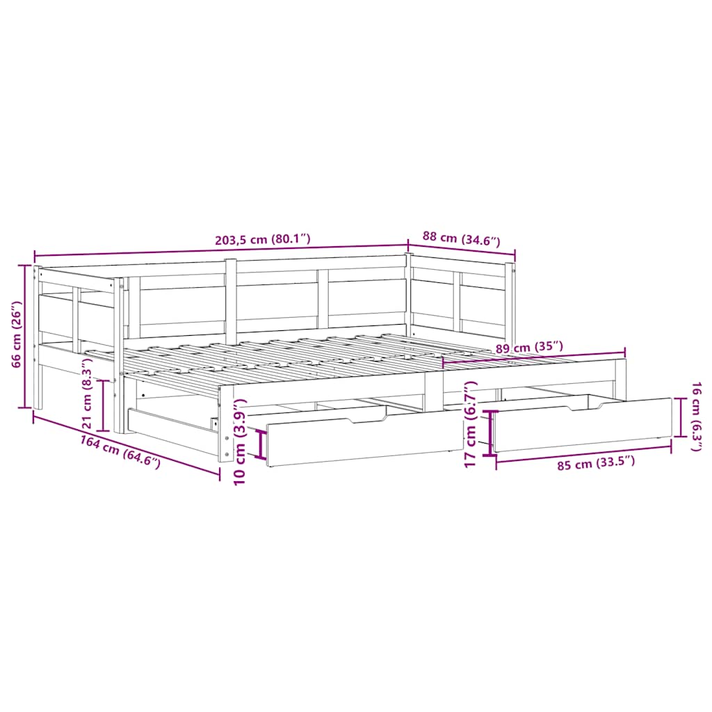 Daybed Med Udtræk Og Skuffer Uden Madras
